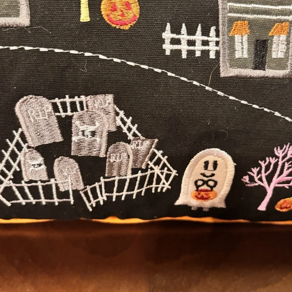 Isaac Mizrahi Halloween Pillow NWT‎ Embroidered Spooky Village Lumbar Black